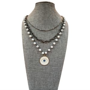 NECKLACE BOHEMIAN GLAM SPIRITUAL WHITE LAYERED CHAIN & BEAD EVIL EYE NECKLACE